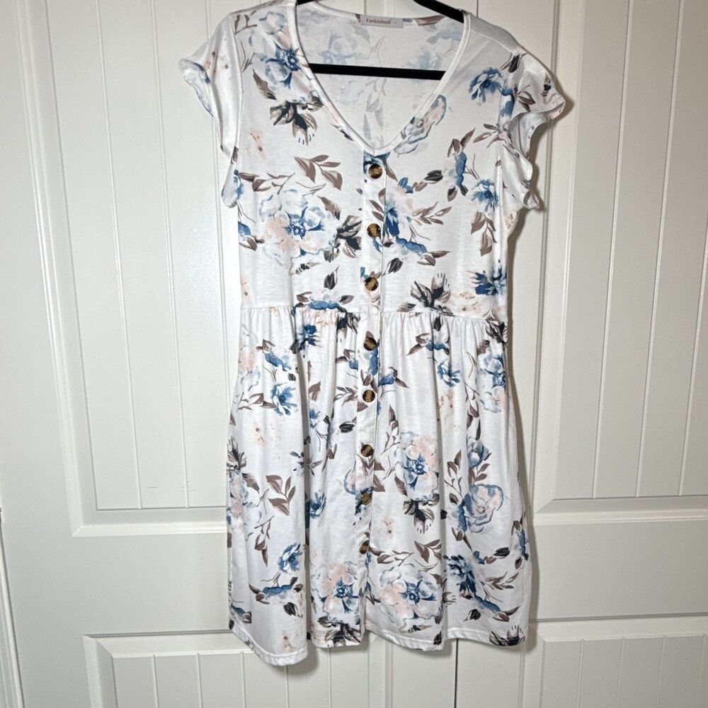 Fantaslook White Floral Fit & Flare L Dress V-Neck Cap Sleeve Button Knee Knit